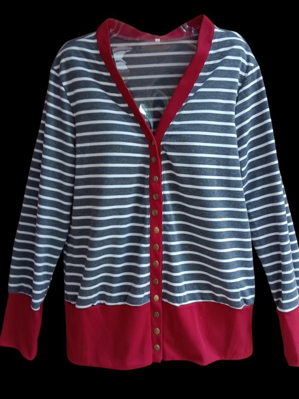 YIK FUNG Womens Button Up Striped Top Cardigan Long Sleeves Gray White Red Large